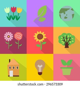 Set of color vector icons pot, bulb, house, earth, leaf, flowers, tree in the color background.