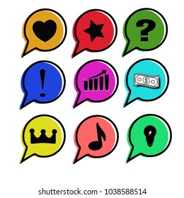 set of color vector icons in the speech bubbles.Heart, star, question mark, screamer, growth up business, money, crown, quarter note, light bulb