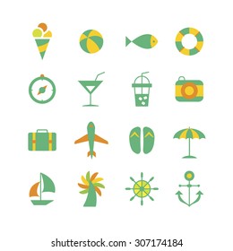 A set of color vector icons for summer vacation, pattern.
travel bag, air plane, beach sandal, umbrella, boat, palm tree, camera, anchor, ice cream, ball, fish, tube, compass, cocktail, juice, sun.