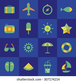 A set of color vector icons for summer vacation, pattern.
travel bag, air plane, compass, fish, camera, ice cream, sun, starfish, sunglasses, sun, umbrella, tube, sandal, water melon, juice, boat.