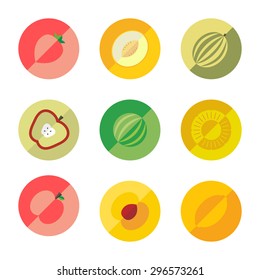 Set of color vector icons water melon, oriental melon, melon, kiwi, melon, lemon, pine apple, orange, strawberry in the white background.