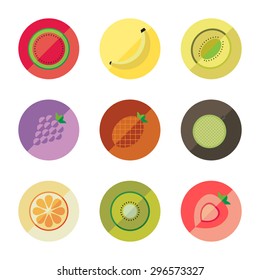 Set of color vector icons water melon, oriental melon, melon, kiwi, melon, grape, pine apple, orange, strawberry in the white background.