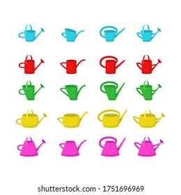 Set of color vector icons with watering cans. Watering cans of various shapes and heights. Gardener's tools.