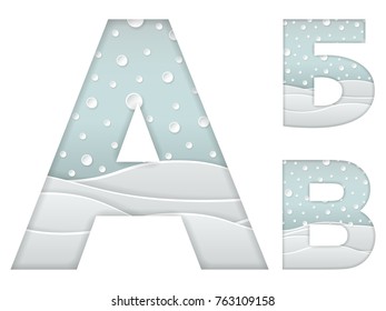 set of color vector illustration of paper art cut cyrillic letters A, B, V with winter landscape with multi layers and shadows effect isolated on white background