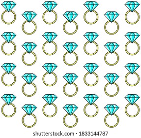 Set of color vector illustrations with black outline. Pattern on a girly theme. Cartoon images of a gold ring with a large diamond.