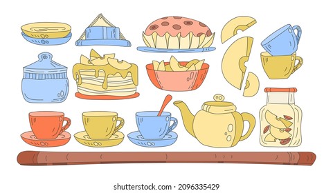 Set of color vector illustrations of ceramic tea cutlery, pies and apple cider in a jar. Collection of bright cute stickers on the theme of tea drinking and kitchen.