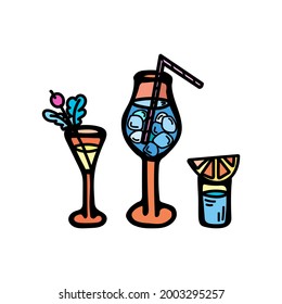 Set of color vector illustrations of glasses of cocktails with tubule, berries and orange. Lettering Bar Set. Icon for bar and club, logo, website, party, cafe menu, textile, postcard, bar menu.