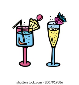 Set of color vector illustrations of glasses of cocktails with bubbles, pineapple, strawberries and berries. Icon for bar and club, logo, website, party, cafe menu, textile, postcard, bar menu.