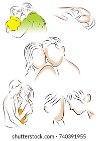 A set of color, vector illustrations on the relationship of a man and a woman. Loving couple, hugs, kisses, holding hands.