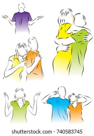 A set of color, vector illustrations on the relationship between a man and a woman. Gestures.