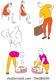 A set of color, vector illustrations on the topic of correct and incorrect posture.