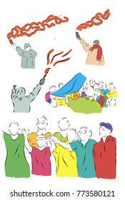 Set of color, vector illustrations on the theme of football, football fans. Vuvuzel, scarf, fire.