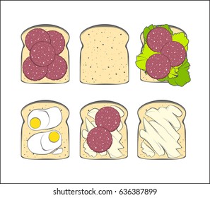 A set of color vector illustrations, vintage, stylized icons, with the display of toasts for breakfast or a picnic. Represented with toast with butter, with eggs, with sausage and lettuce leaves.