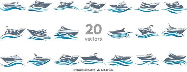 set of color vector images of modern yacht sailing on the waves of icons and logos