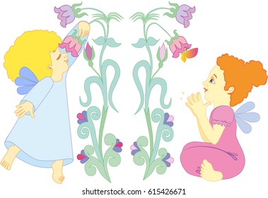 set of color vector images on transparent backgrounds, children-angels and flowers bells