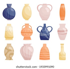 Set of color vector isolated fashionable vases for plants and flowers, interior decorations of various shapes and sizes. Collection of ceramic products on a white background, antique vessels and cups.