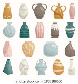 Set of color vector isolated fashionable vases for plants and flowers, interior decorations of various shapes and sizes. Collection of ceramic products on a white background, antique vessels and cups.