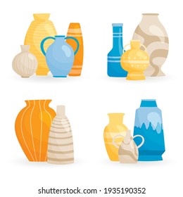 Set of color vector isolated fashionable vases for plants and flowers, interior decorations of various shapes and sizes. Collection of ceramic products on a white background, antique vessels and cups.