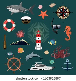 Set of color vector marine images. Underwater world. Lighthouse, ship steering wheel, rocks, captain's cap, spyglass.