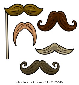 A set of color vector monochrome illustrations. Funny Cartoon Mustache for Parties and Practical Jokes, Mustache on a stick, Fake Funny mustache