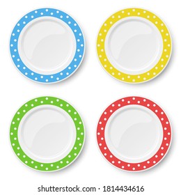 Conjunto de placas vectoriales de color con patrón de puntos de polka blanco aislado en fondo blanco