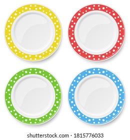Set of color vector plates with white pattern of square elements of different sizes placed chaotically, isolated on white background