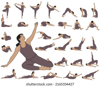 Set of color vector silhouettes of woman doing yoga and fitness exercises. Illustrations  of  girl stretching and relaxing her body in different yoga poses. 