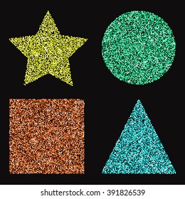 Set of color vector sshiny geometric shapes. Gold glittery background. Design elements. Vector dotwork circle template for banners. 