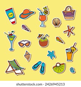 set of color vector stickers of beach items. beach accessories.