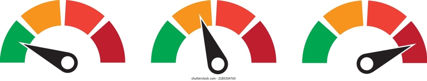 Set of color vector tachometers, flowmeter with indicator in green, orange and red part, speedometer and performance measurement icon, illustration for your web page, infographic, apps and leaflet