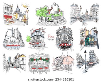 Set of color vector typical parisain landmarks, house, cafe and lanterns, Paris, France.