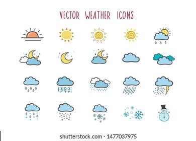 set of color vector weather icons. Doodle style symbol. Illustration by hand.