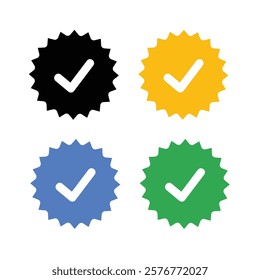 Set Color verified badge icon vector. Tick, check mark sign symbol of social media profile.