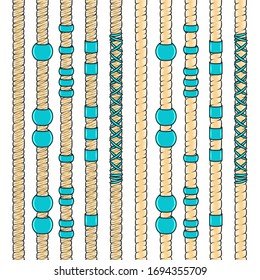 Set of color vertical seamless pattern with blond dreadlocks and turquoise ornaments. Isolated vector objects on a white background.