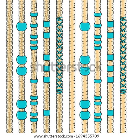 Set of color vertical seamless pattern with blond dreadlocks and turquoise ornaments. Isolated vector objects on a white background.