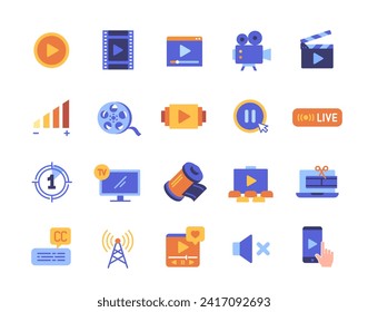 Set of color Video related icons. Bright symbols with camera, movie, cinema, TV, multimedia, live broadcast and volume scale. App design. Cartoon flat vector collection isolated on white background