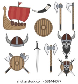 Set of color viking elements isolated on white background. Design elements for logo, label, emblem.
