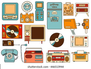 set of color vintage flat electronic icons 80-90s. Vector