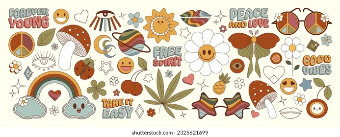 Set of color vintage hippie stickers.