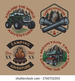 Set of color vintage logos for the camping theme on the light background. Perfect for posters, apparel, T-shirt design and many other. Layered
