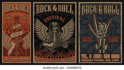 Set of color vintage posters on the theme of rock and roll with skeleton character, guitar and wings. 