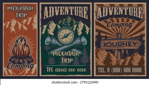 Colores de afiches de época sobre el tema del camping. Vector