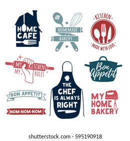 Set of color vintage retro handmade badges, labels and logo elements, retro symbols for bakery shop, cooking club, cafe, food studio or home cooking. Template logo with silhouette cutlery. Vector. 