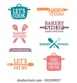 Set of color vintage retro handmade badges, labels and logo elements, retro symbols for bakery shop, cooking club, food studio or home cooking. Template logo with silhouette cutlery. Vector.