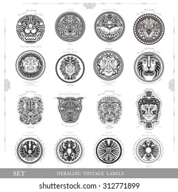 set of color vintage royal labels with lion eagle and man face