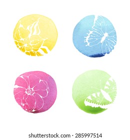 set of color watercolor round spots with white butterflies and flowers