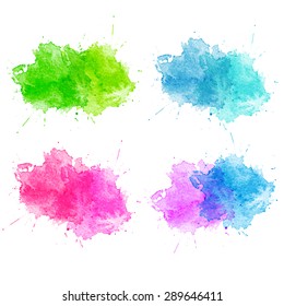 Set of color Watercolor splatters. Cloud shape. Blue, green, pink color. Vector illustration