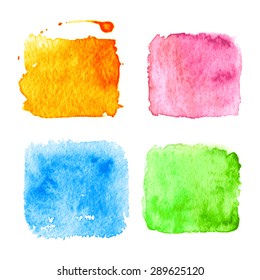 Set of color Watercolor splatters. Square shape. Green, blue, pink and orange Vector illustration