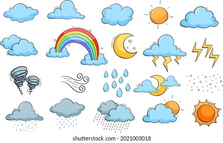 Set of color weather doodles vector illustration,Cloud,Rain,Moon..