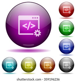 Set of color Web development glass sphere buttons with shadows.